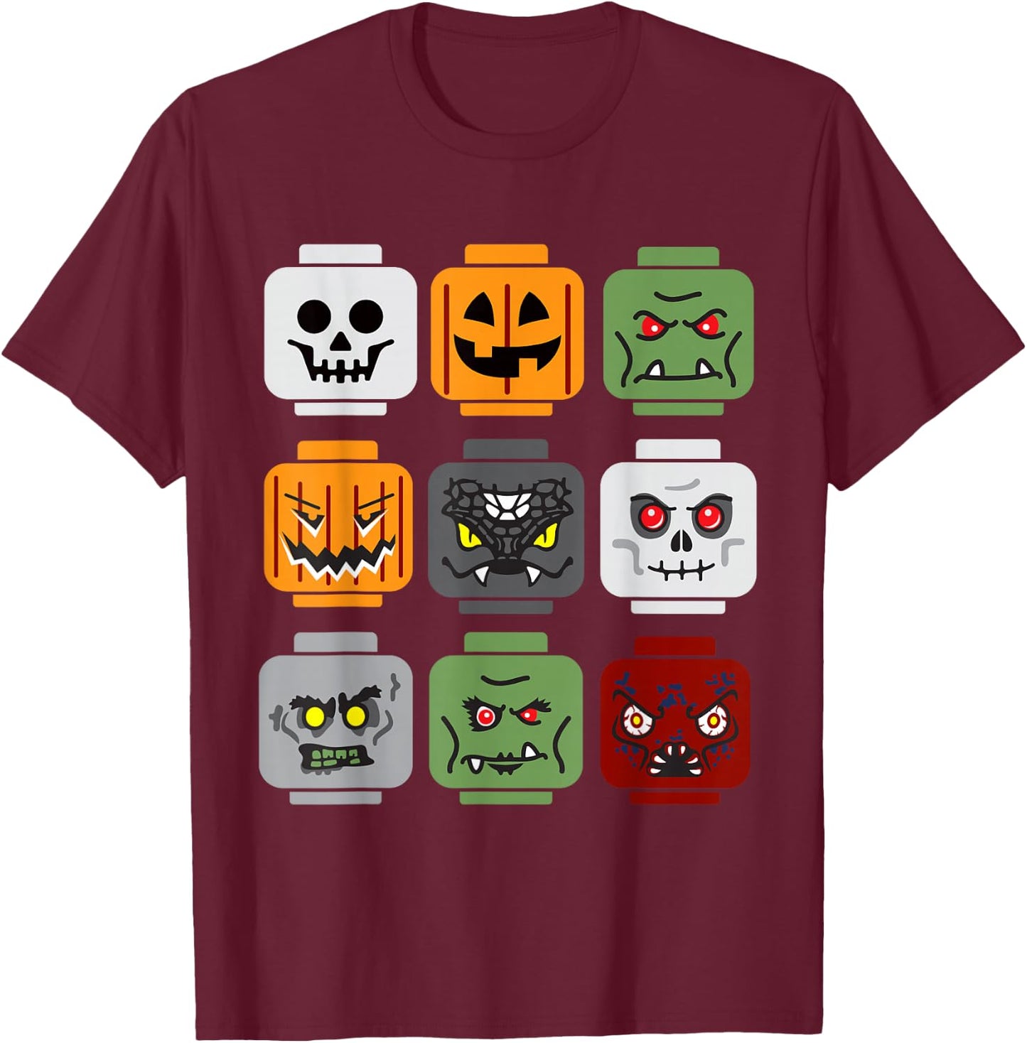 Halloween Building Brick Head Pumpkin Ghost Zombie Friends T-Shirt - T-Shirt | Maroon