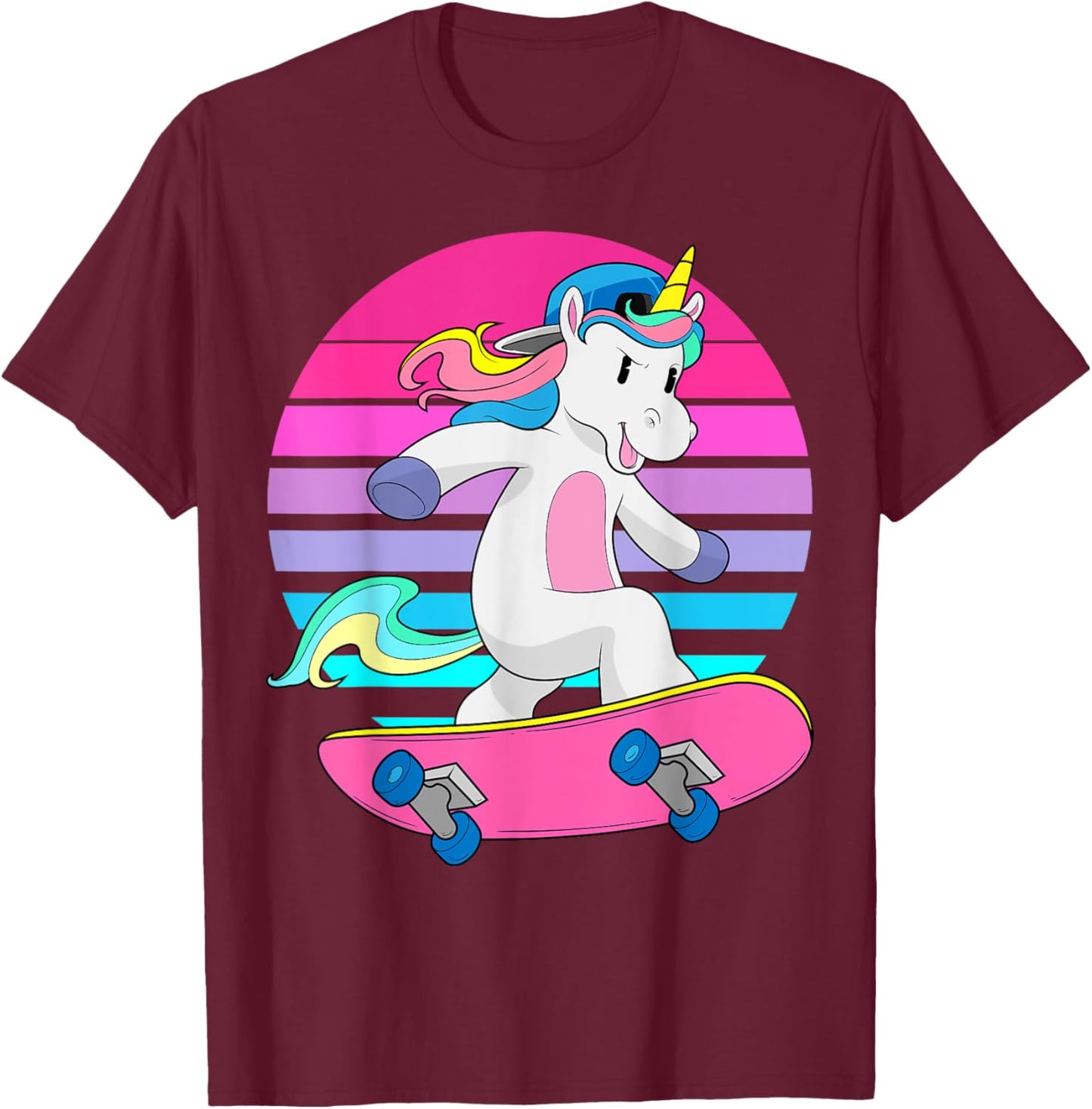 Skateboarding Unicorn Magical RAD Skateboard 80s Skater T-Shirt - T-Shirt | Maroon