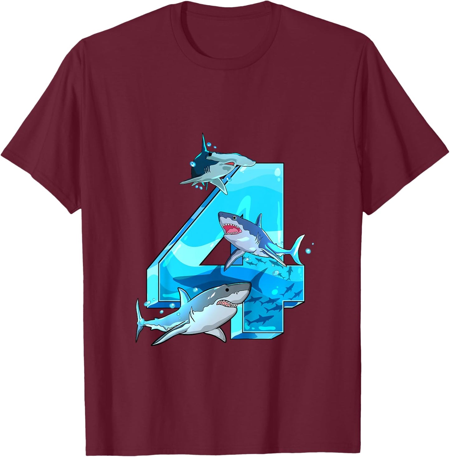 Kids Shark Boy 4 Years Birthday Child Children Birthday T-Shirt - T-Shirt | Maroon