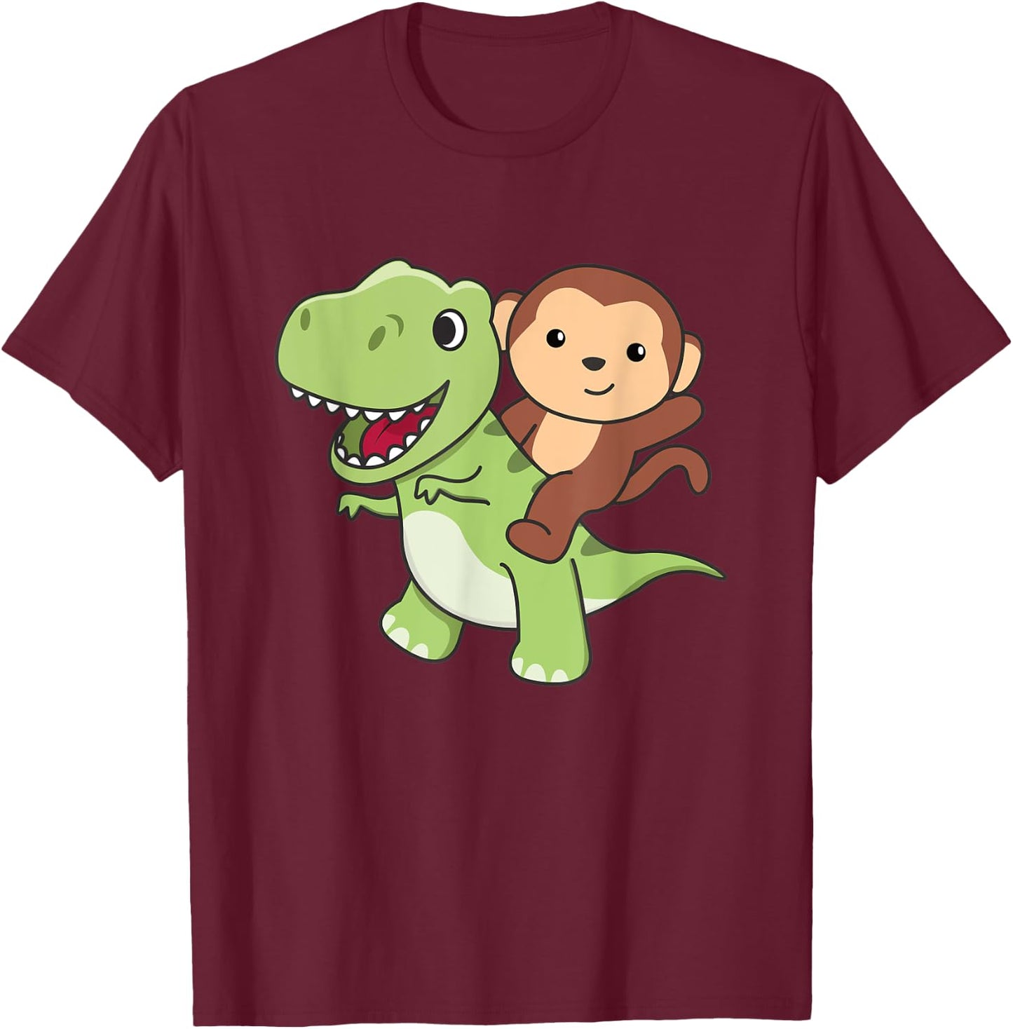 Monkey Rides On T-rex Cute Tyrannosaurus With Monkeys T-Shirt - T-Shirt | Maroon