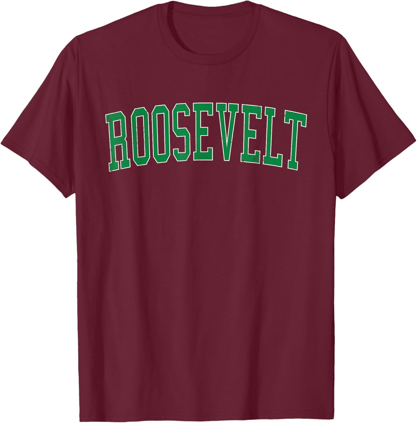 Vintage Roosevelt NY Distressed Green Varsity Style T-Shirt - T-Shirt | Maroon