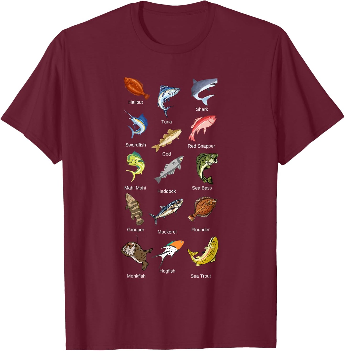 Types of Saltwater Fish Species Fishing T-Shirt - T-Shirt | Maroon