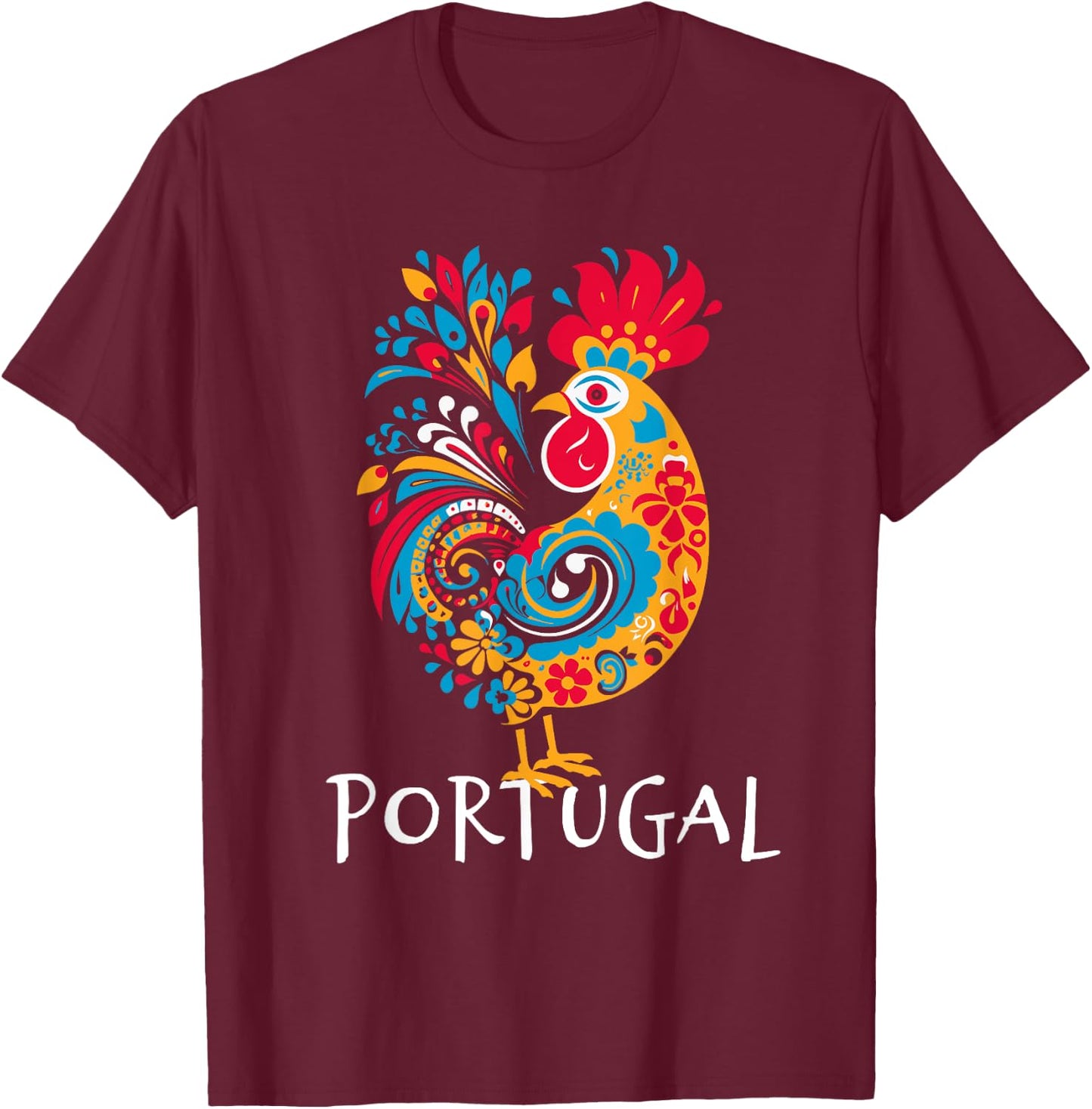 Barcelos Gallo: Portuguese Rooster Artistic Design T-Shirt - T-Shirt | Maroon