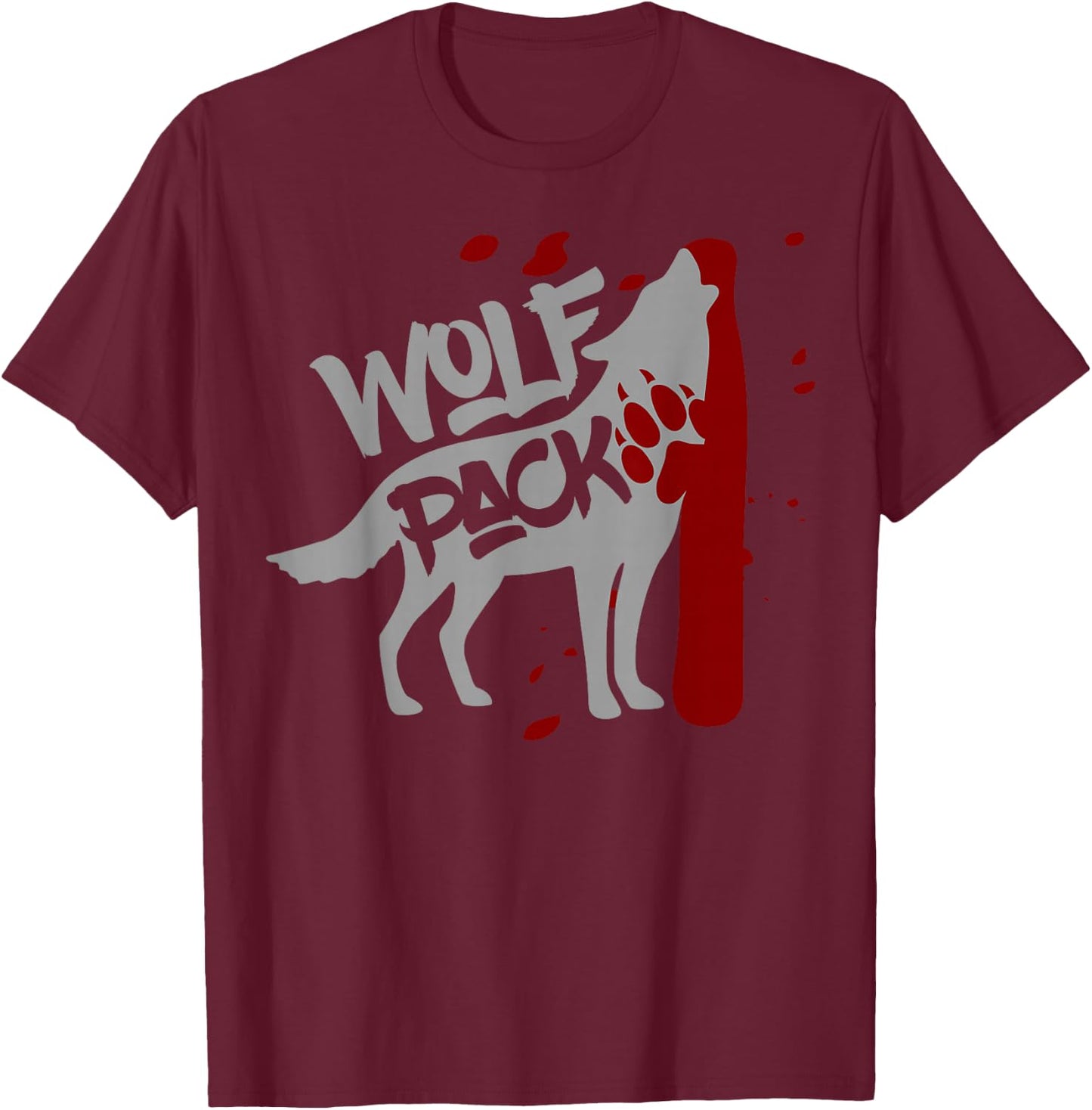 Wolf Pack - Howling Wolf with Wolves Paw Print T-Shirt - T-Shirt | Maroon