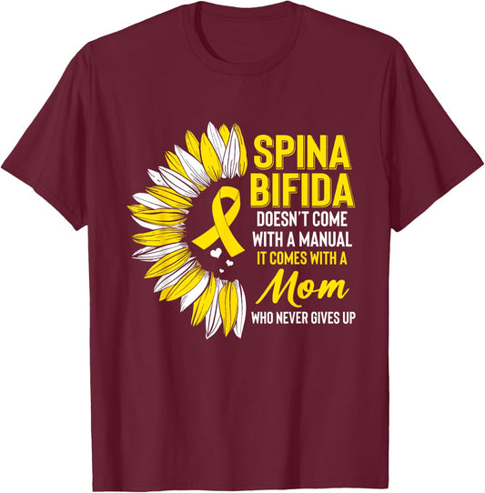 Spina Bifida Awareness Mom Mother Sunflower Yellow Ribbon T-Shirt - T-Shirt | Maroon