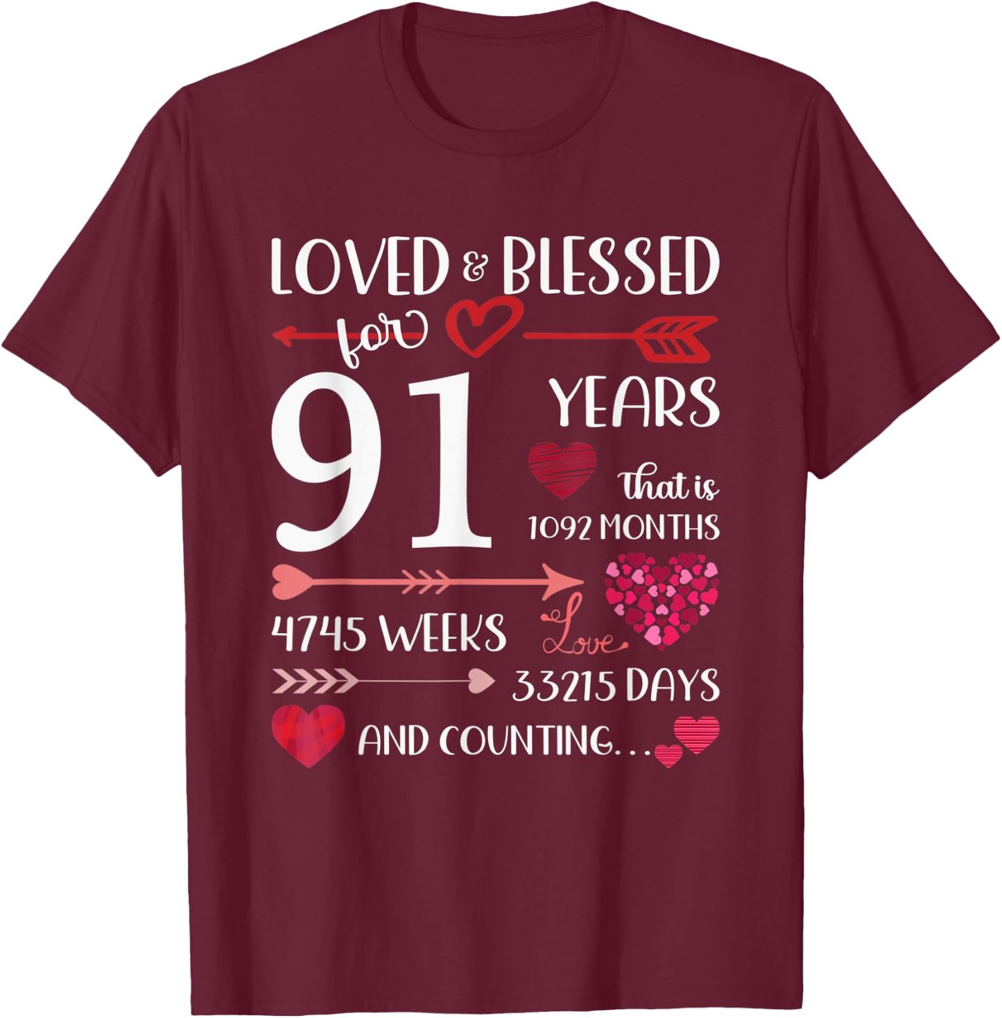 Loved And Blessed For 91 Years Old 91st Birthday Mothers Day T-Shirt - T-Shirt | Maroon