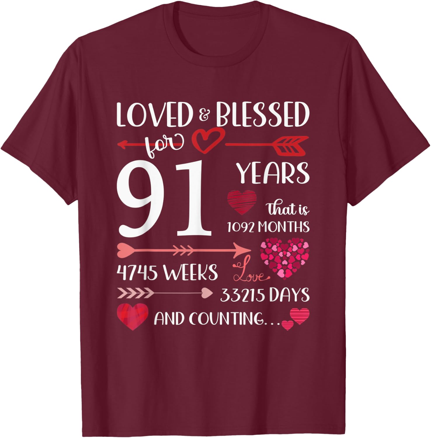 Loved And Blessed For 91 Years Old 91st Birthday Mothers Day T-Shirt - T-Shirt | Maroon