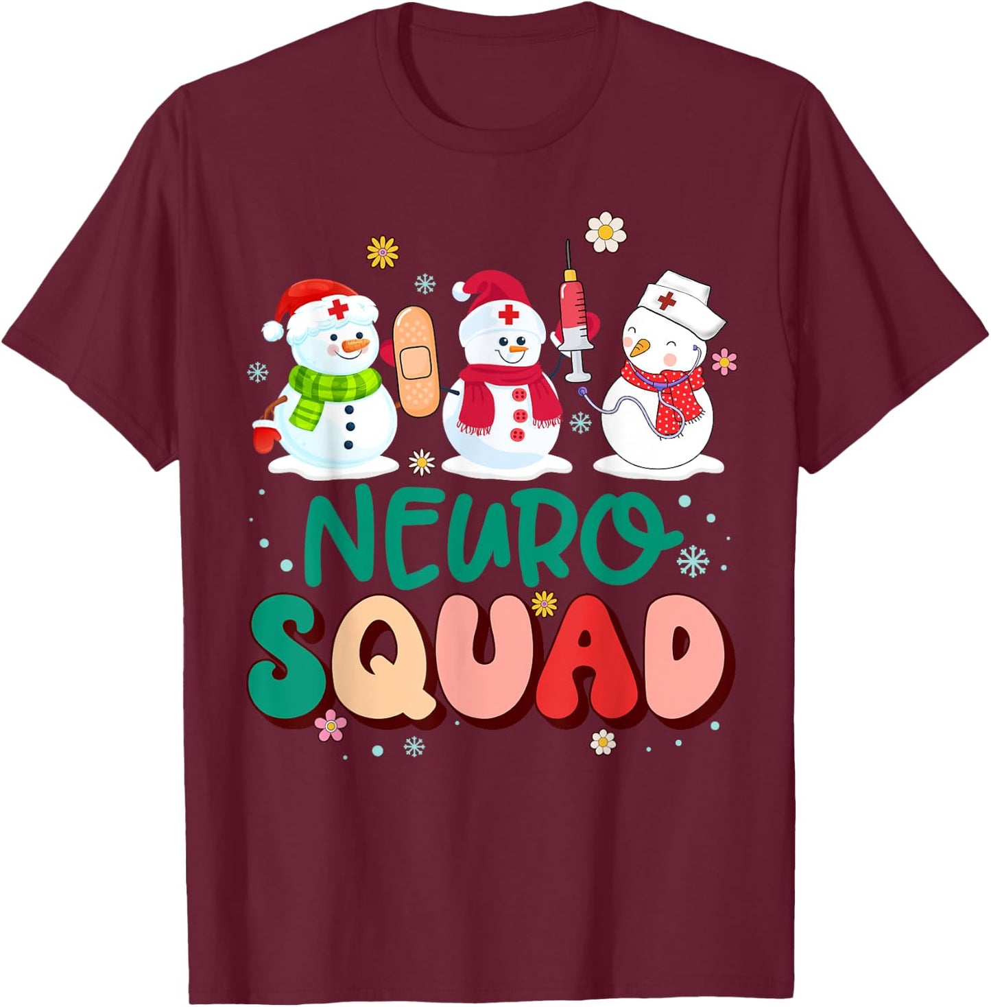 Retro Groovy Neuro Squad Nurse Snowman Stethoscope Christmas T-Shirt - T-Shirt | Maroon