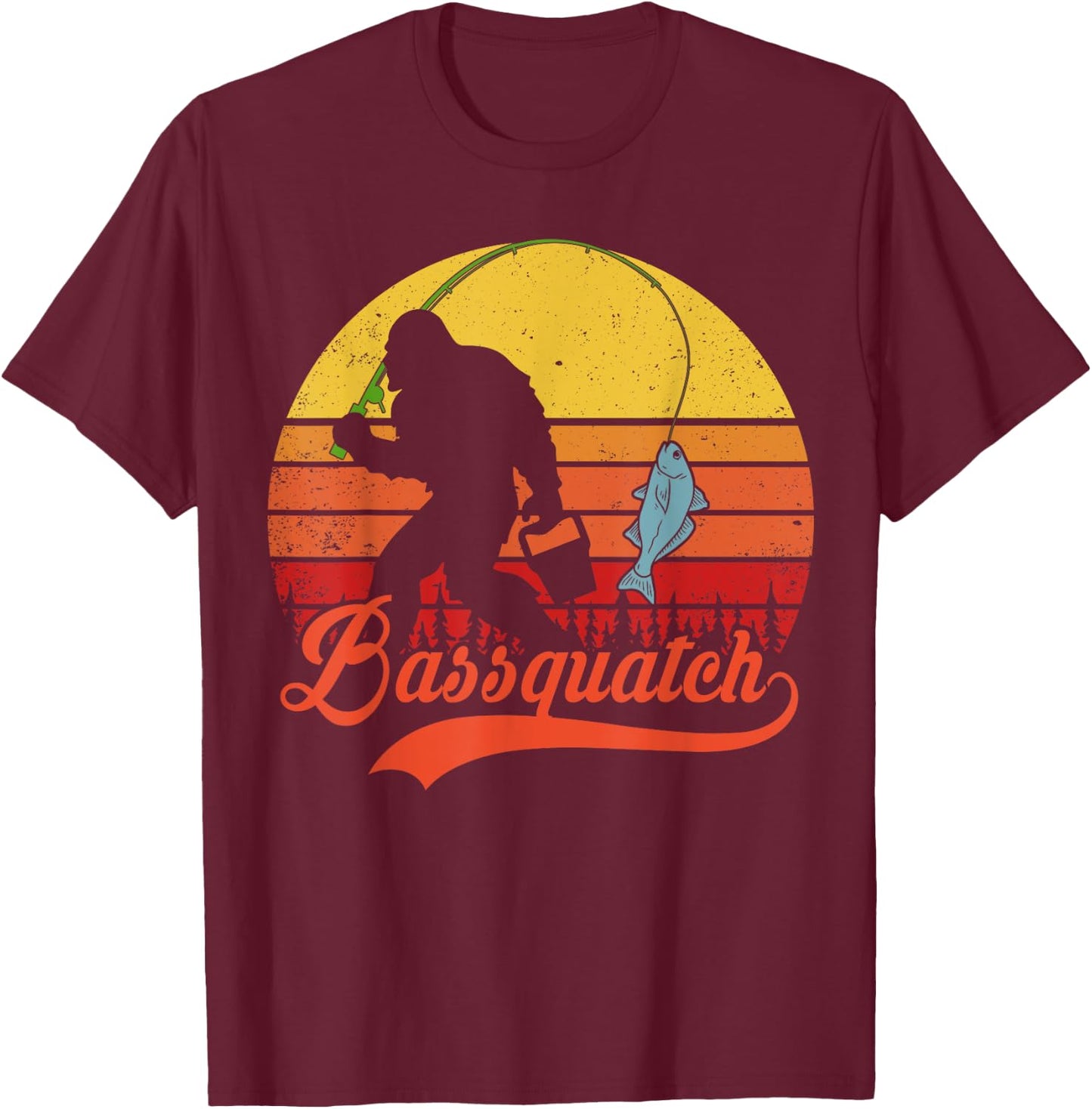 Bass Fish Fishing-Shirt Bassquatch Bigfoot Funny Sasquatch T-Shirt - T-Shirt | Maroon