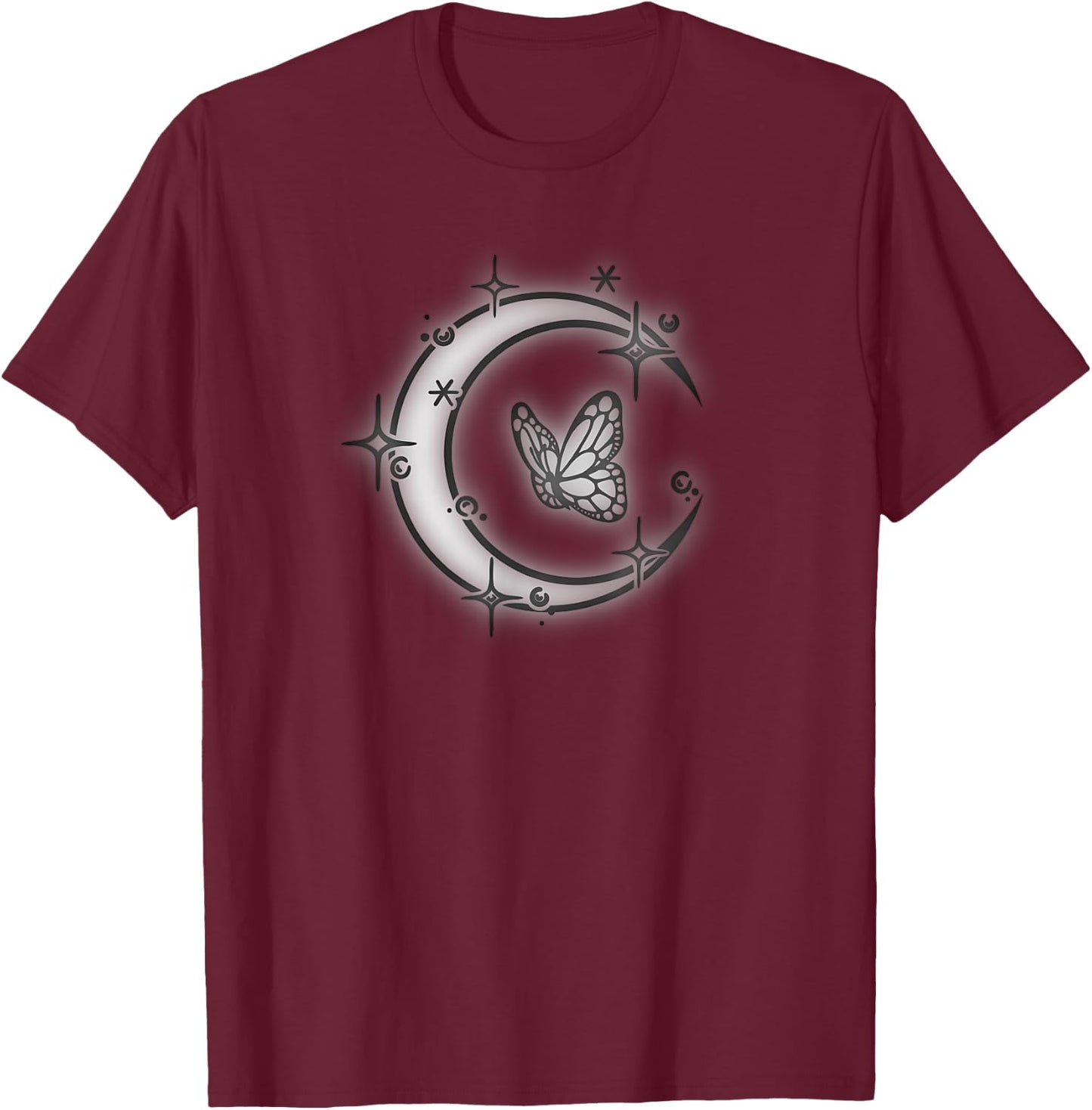Butterfly and Moon Glow in the Starry Sky T-Shirt - T-Shirt | Maroon