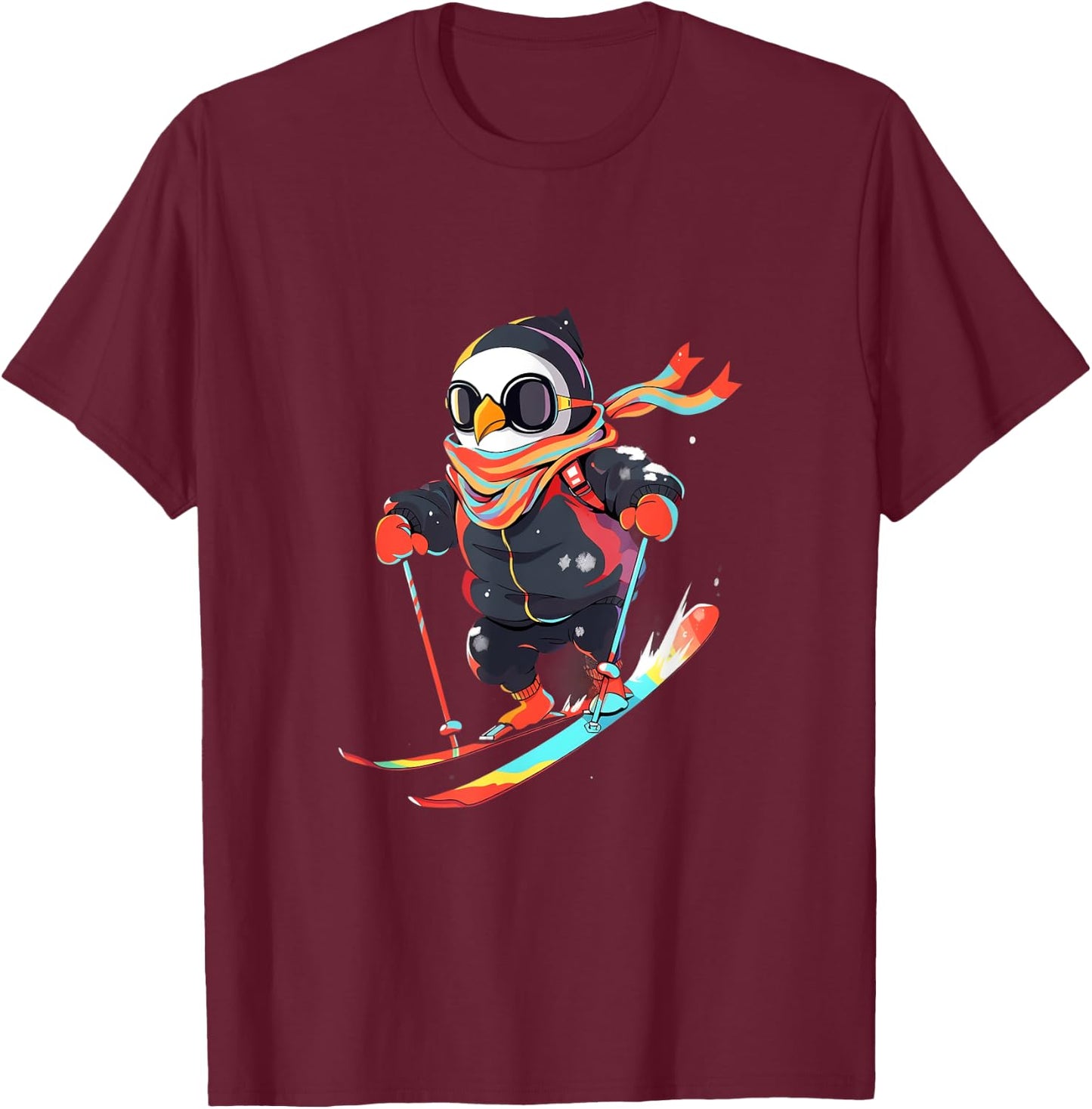 Penguin Skiing Skier Ski Winter Snow T-Shirt - T-Shirt | Maroon
