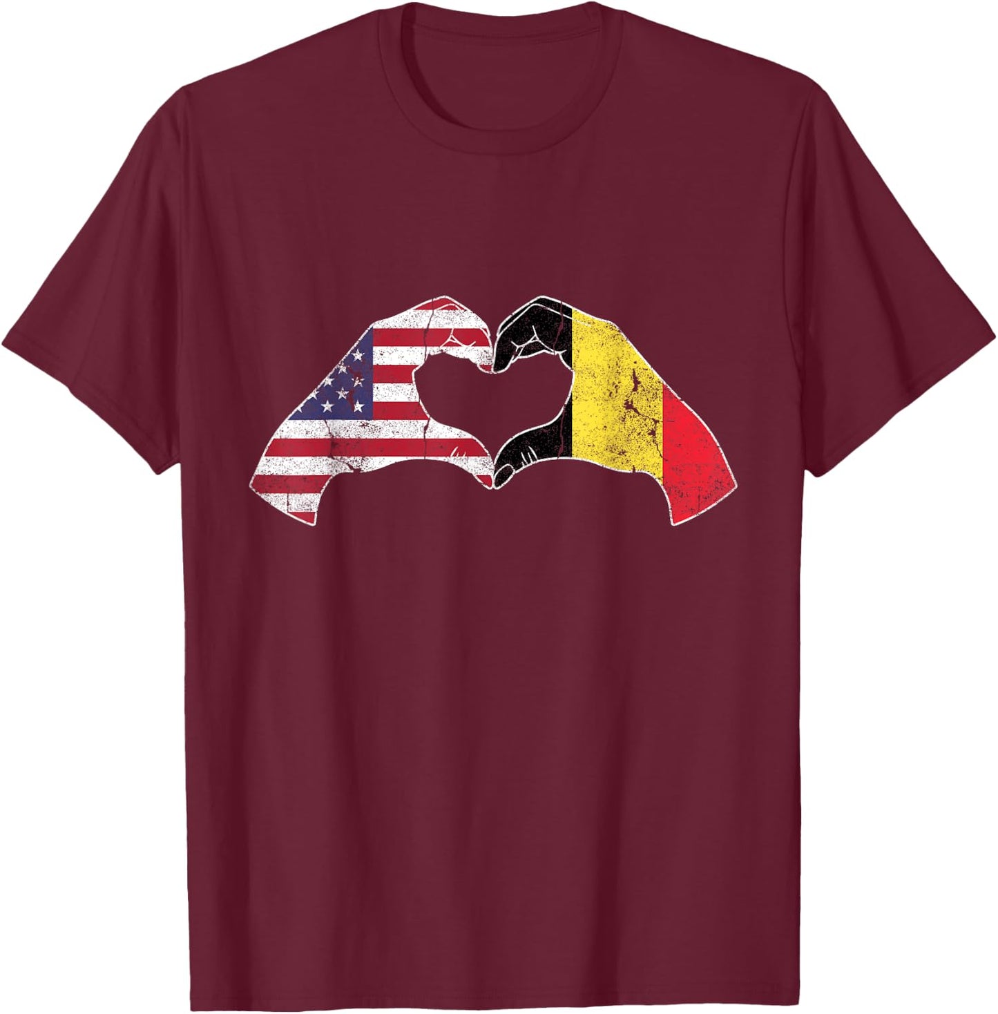 USA Belgium Hand Flag Heart Belgian Americans Love T-Shirt - T-Shirt | Maroon