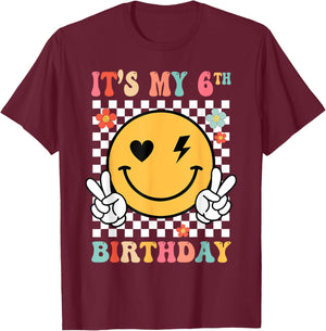 Groovy Smile Face It's My 6th Birthday Happy 6 Year T-Shirt - T-Shirt | Maroon