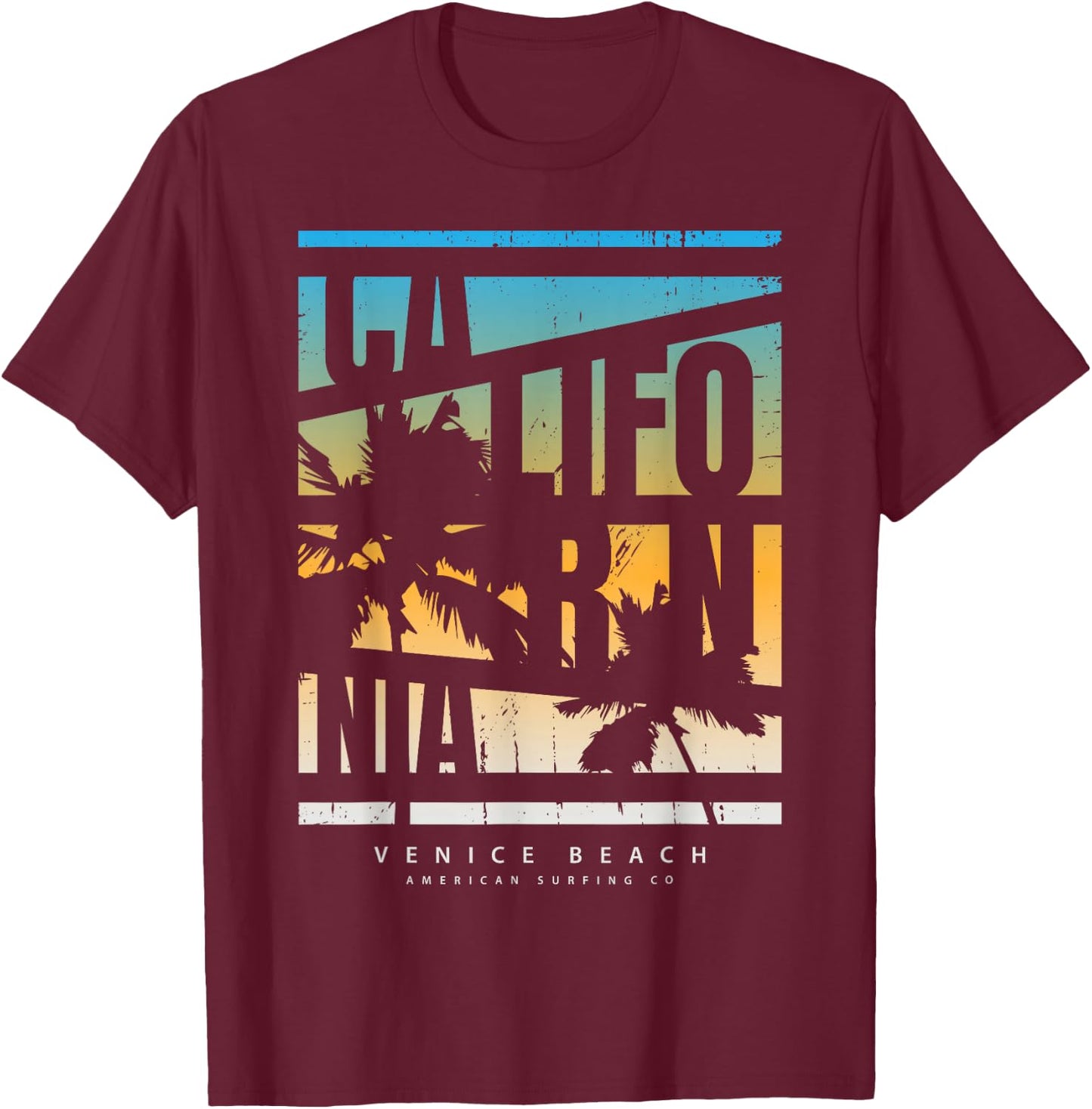 California Venice Beach American Surfing Co T-Shirt - T-Shirt | Maroon