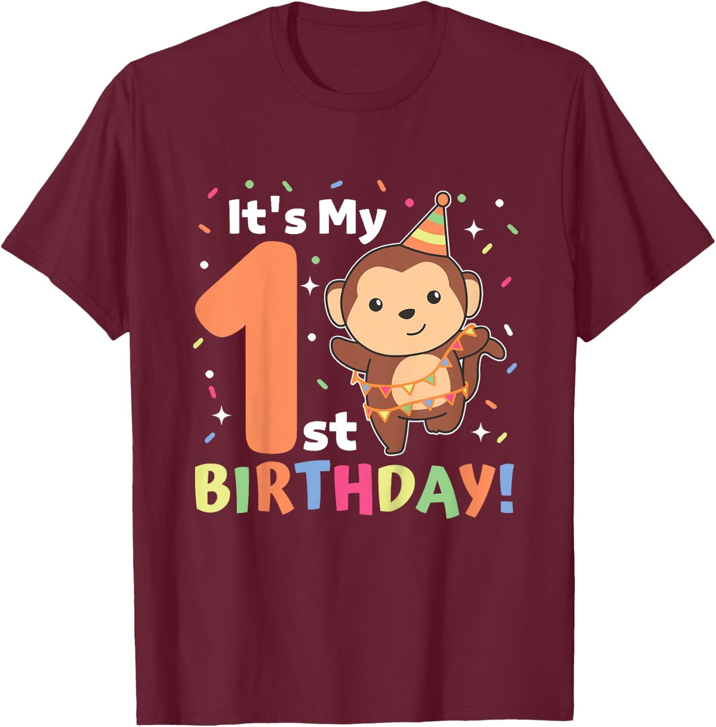Monkey 1st Birthday For Kids One Year Old Monkey T-Shirt - T-Shirt | Maroon