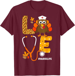 Thanksgiving love with stethoscope and turkey for nurse T-Shirt - T-Shirt | Maroon