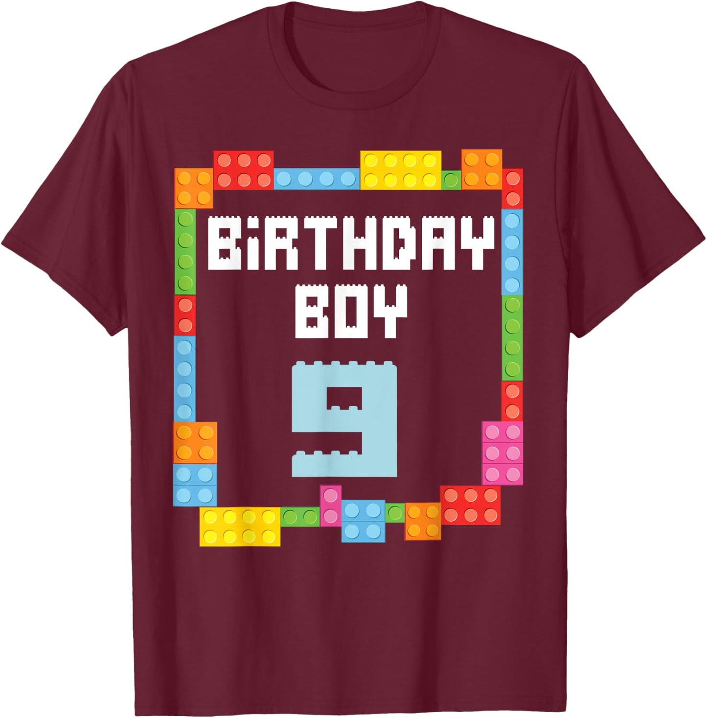 9th birthday Boy master builder 9 years old block building T-Shirt - T-Shirt | Maroon