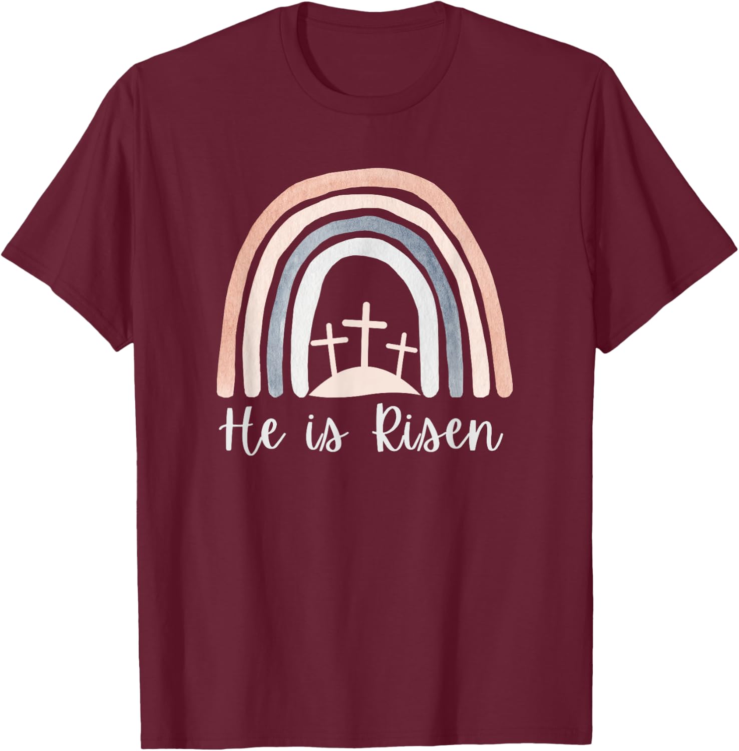 He Is Risen Christian Easter Three Crosses on a Hill T-Shirt - T-Shirt | Maroon