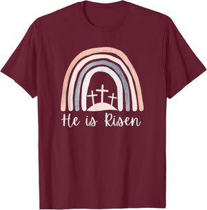 He Is Risen Christian Easter Three Crosses on a Hill T-Shirt - T-Shirt | Maroon