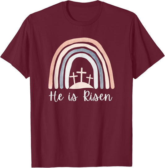 He Is Risen Christian Easter Three Crosses on a Hill T-Shirt - T-Shirt | Maroon