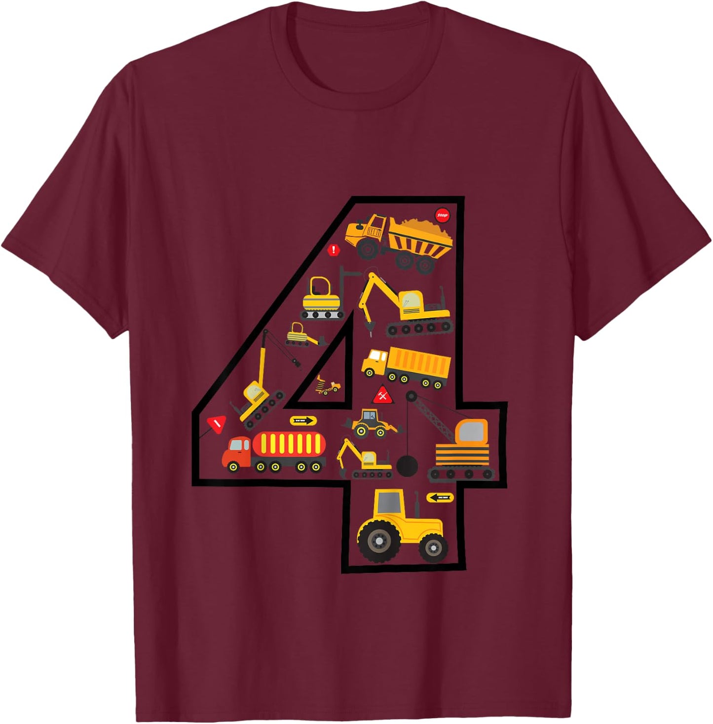 Kids Construction Truck 4th Birthday Boy Excavator 4 Years Digger T-Shirt - T-Shirt | Maroon