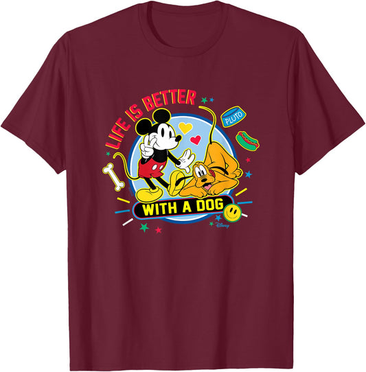 Mickey & Pluto - Life Is Better With A Dog T-Shirt - T-Shirt | Maroon