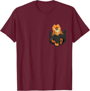 Pomeranian Dog In Pocket, Pom Dog, Pom-Pom puppy peeking T-Shirt - T-Shirt | Maroon