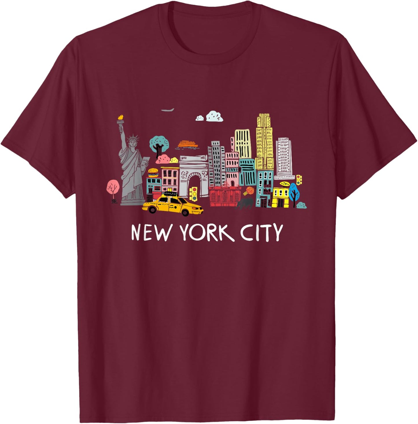 Cool New York City Sketch Drawing Art Illustration Graphic T-Shirt - T-Shirt | Maroon