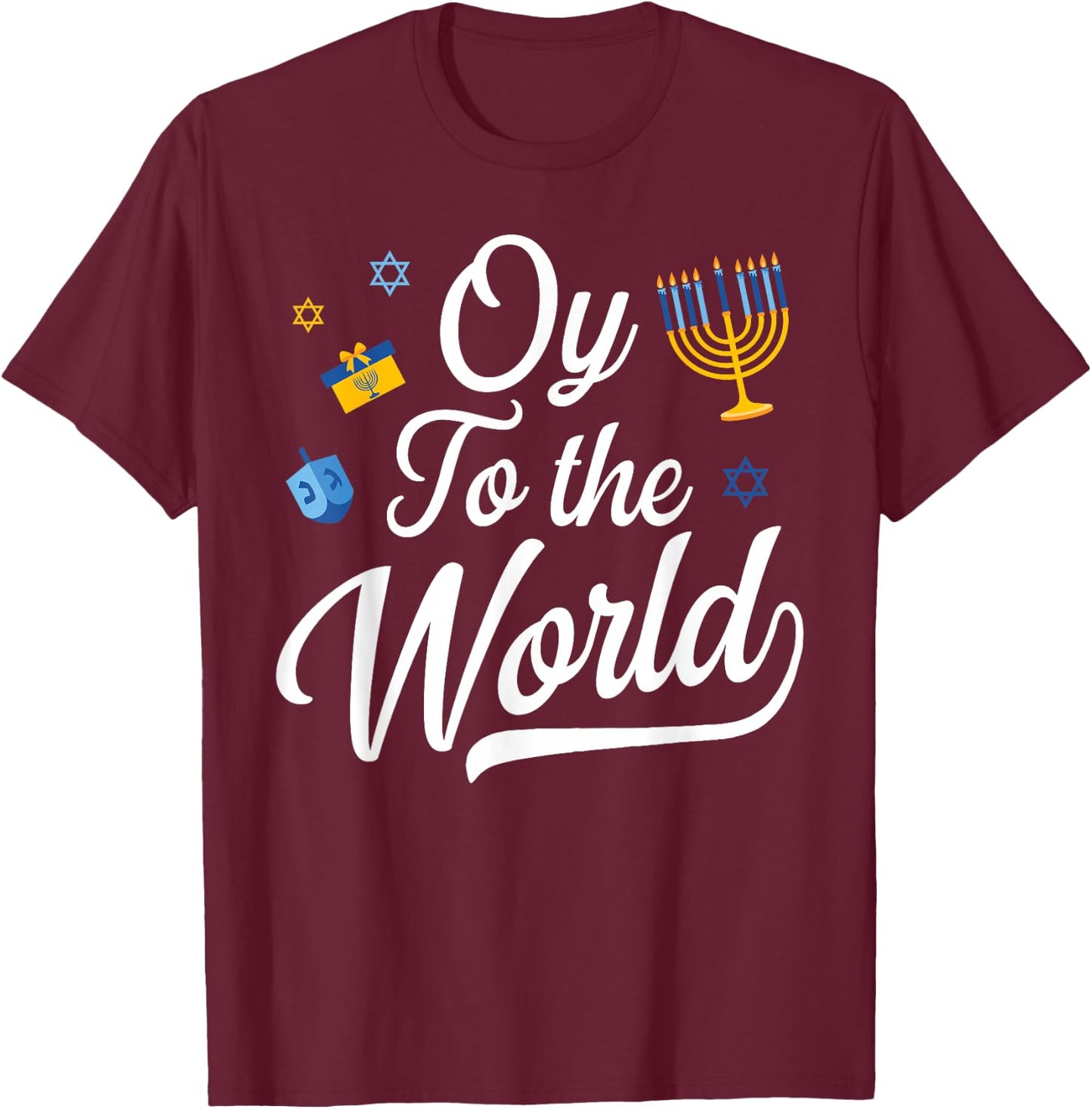Oy To The World Jewish Hanukkah Menorah Ugly Style T-Shirt - T-Shirt | Maroon