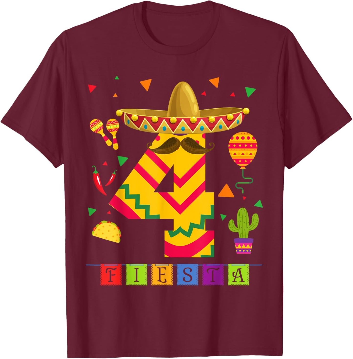 Kids 4th Birthday Fiesta Mexican Themed Party 4 Year Old Boy T-Shirt - T-Shirt | Maroon