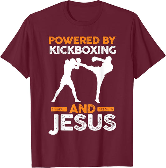 Powered by Kickboxing and Jesus T-Shirt - T-Shirt | Maroon