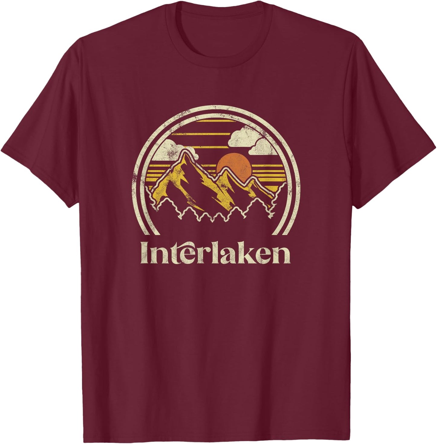 Vintage Outdoors Mountains Apparel & Gifts Interlaken Mountains Switzerland Hiking Retro Blue T-Shirt - T-Shirt | Maroon