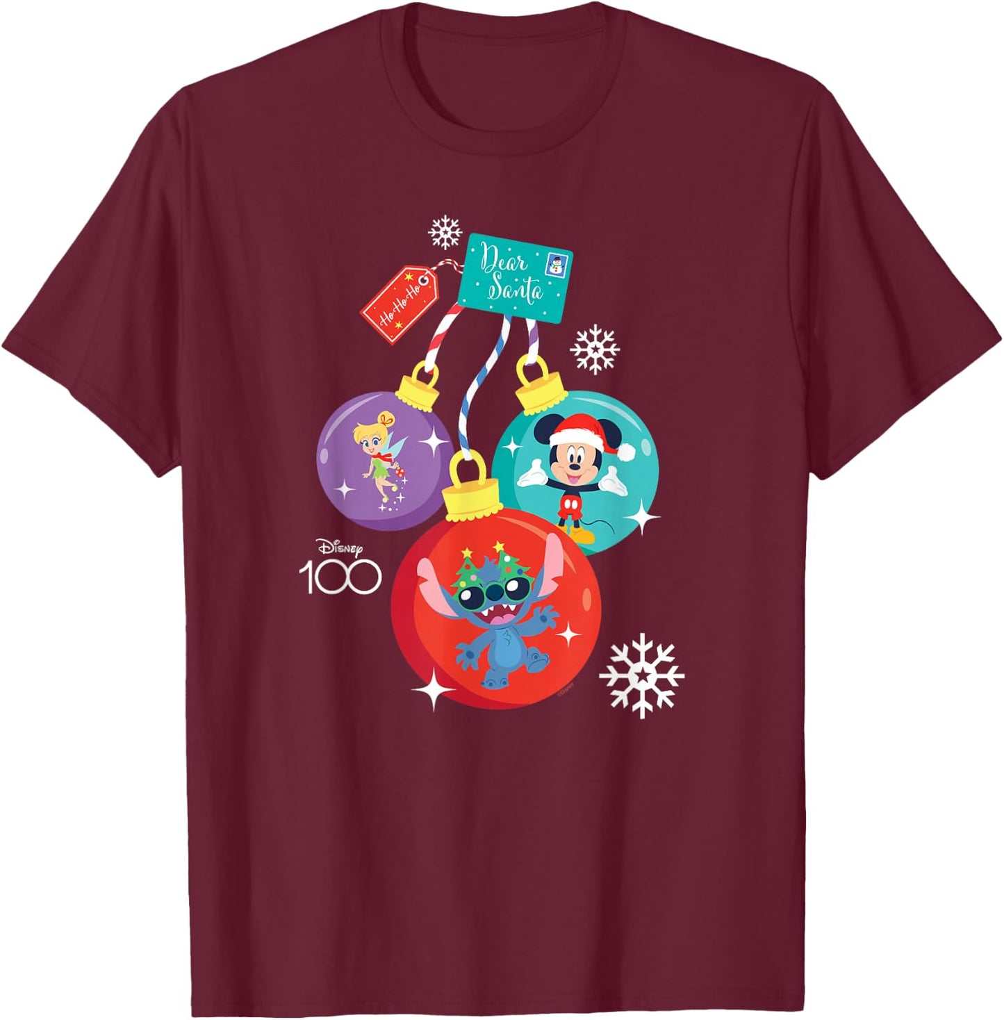 Disney 100 Mickey Stitch Tinker Bell Christmas Ornaments T-Shirt - T-Shirt | Maroon