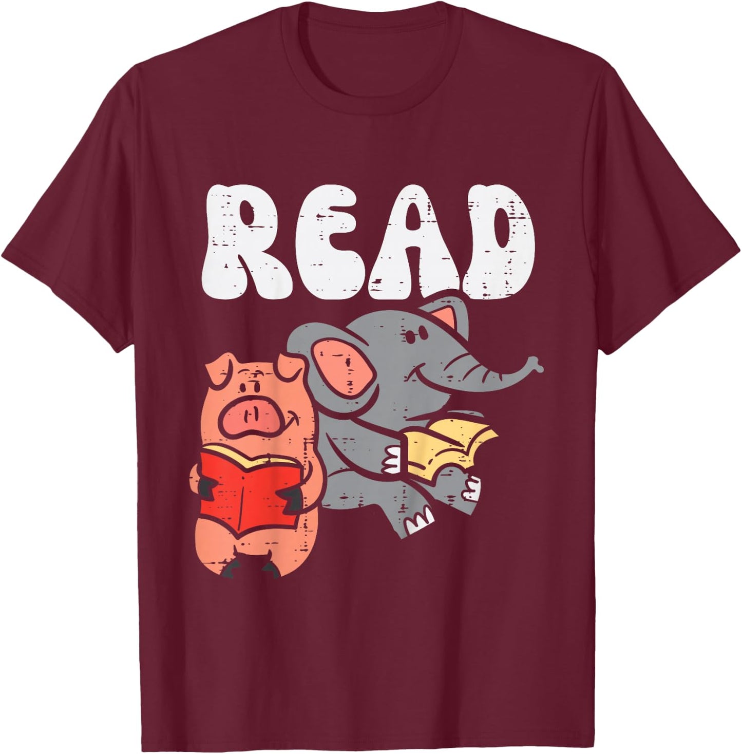 Pig Elephant Reading Cute Book Lover Bookworm Boys Girls Kid T-Shirt - T-Shirt | Maroon