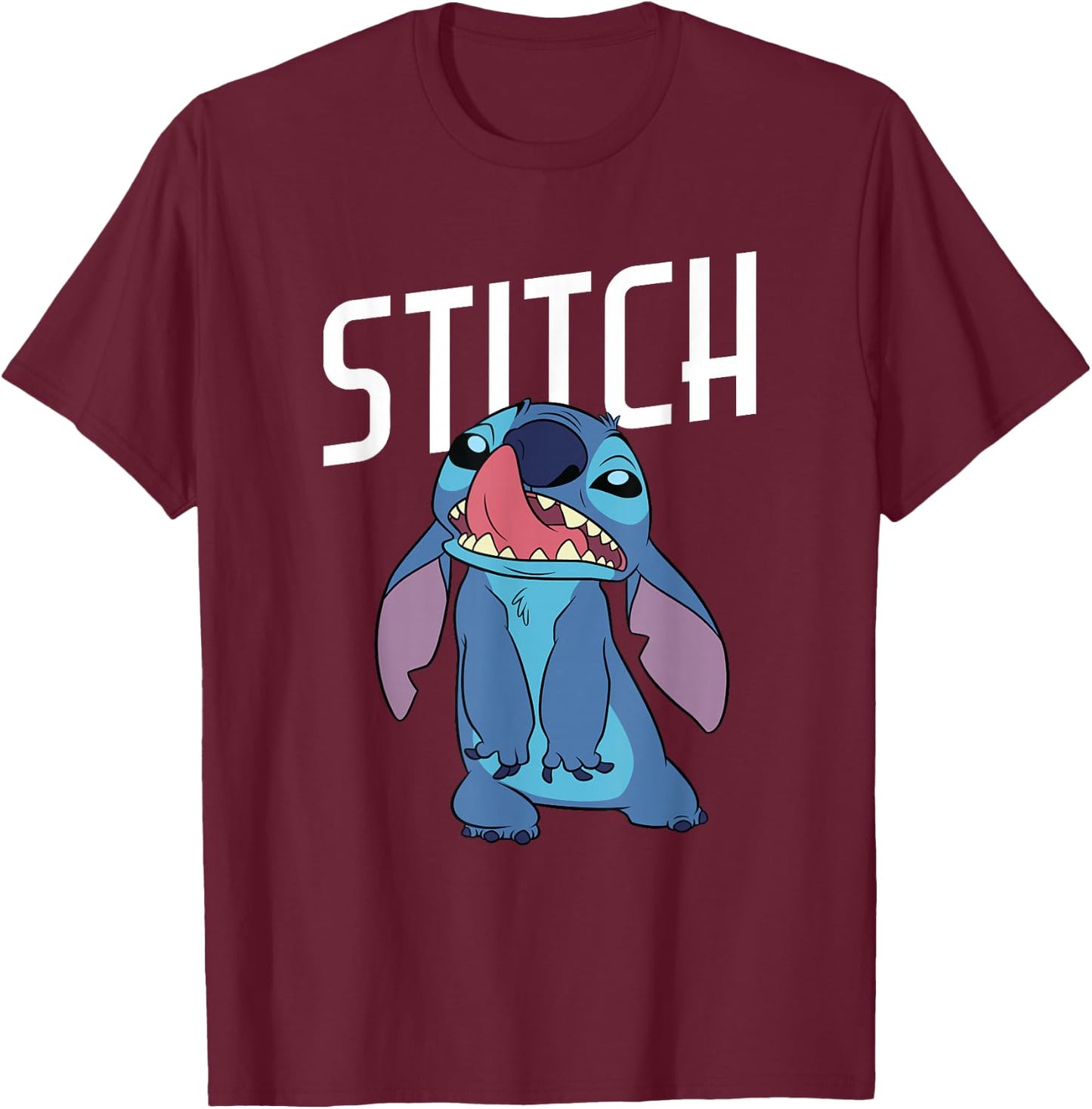 Disney Lilo & Stitch Silly Face Stitch Licking His Nose T-Shirt - T-Shirt | Maroon