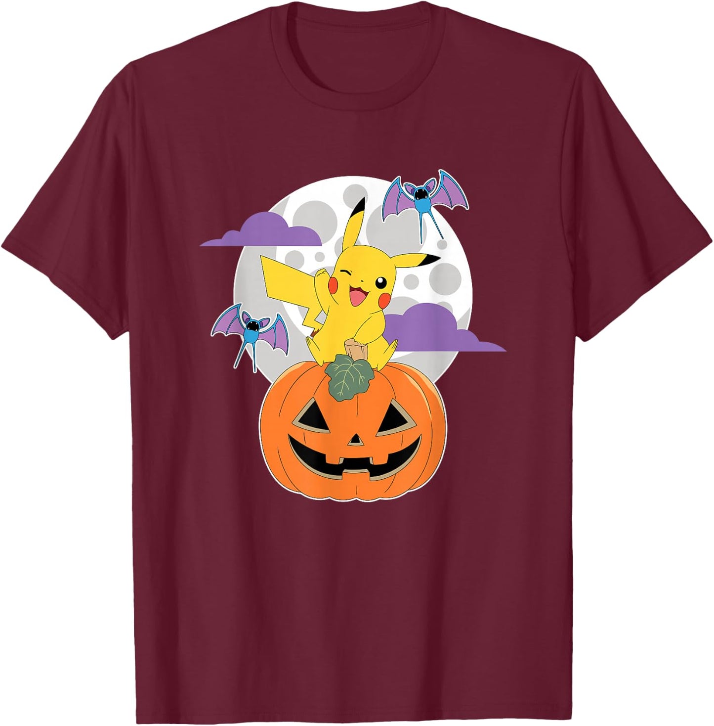 Pokémon - Halloween Pumpkin Pikachu Zubats Moon T-Shirt - T-Shirt | Maroon