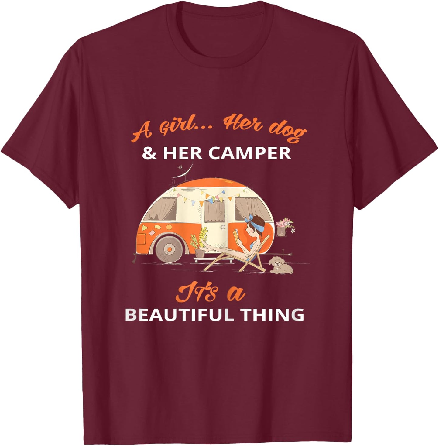 Camping Beautiful A girl her dog her camper T-Shirt - T-Shirt | Maroon
