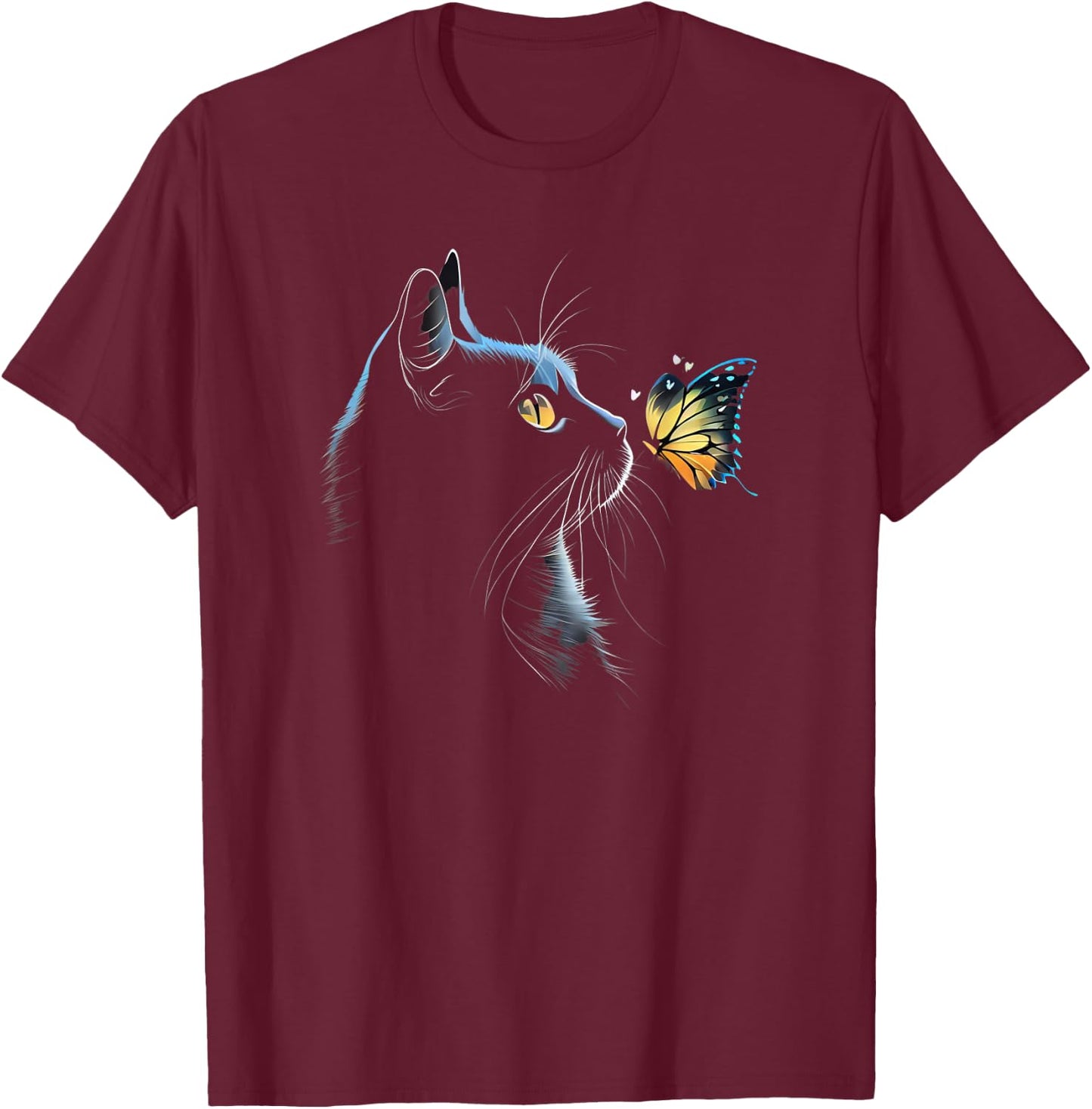 Cat Face - with Butterfly T-Shirt - T-Shirt | Maroon