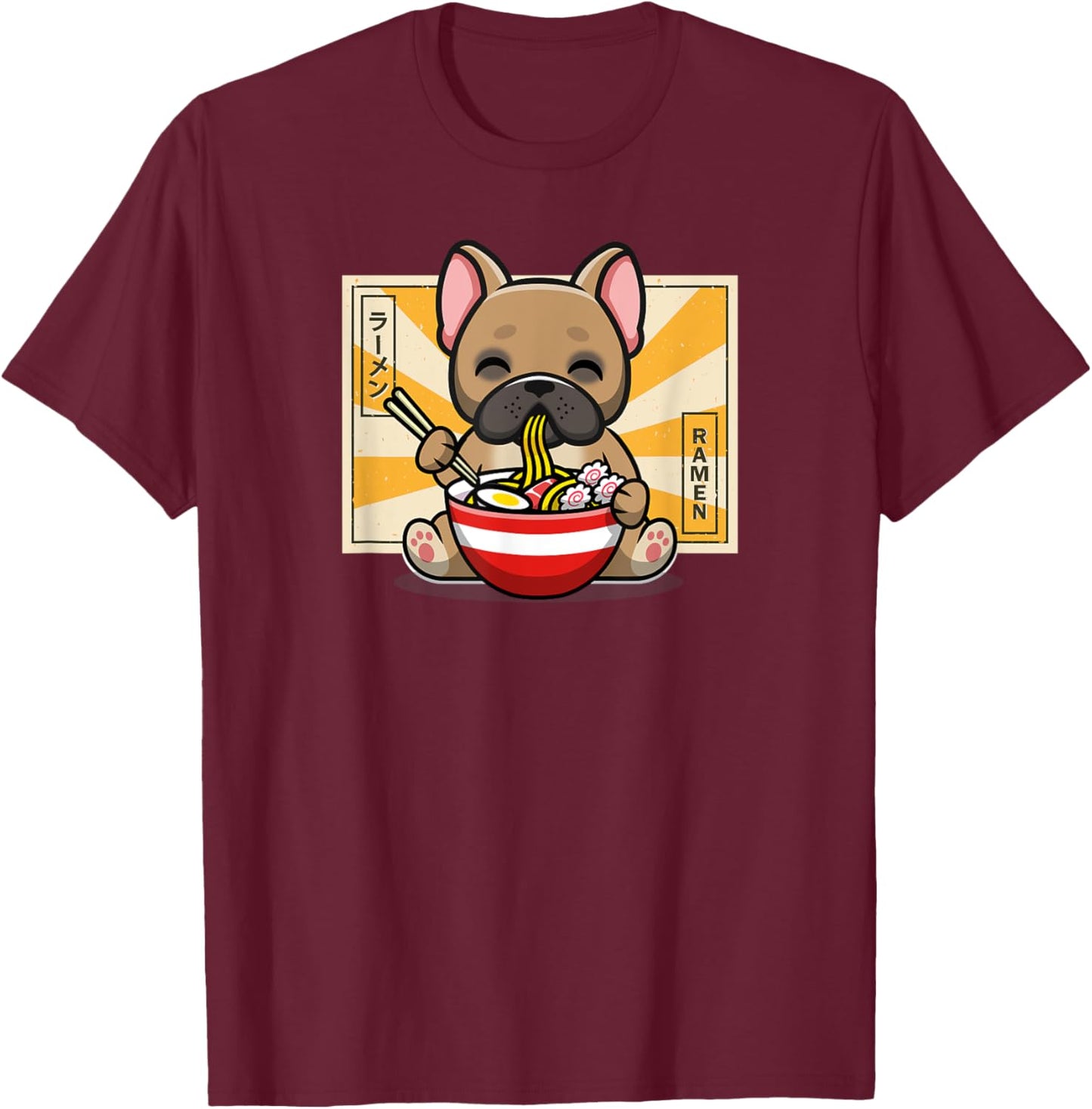 Funny Cute Kawaii Kids Ramen Noodles Frenchie Lover T-Shirt - T-Shirt | Maroon