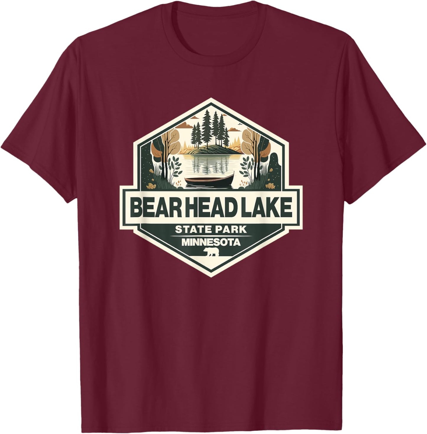 Bear Head Lake State Park Minnesota Travel Art Badge T-Shirt - T-Shirt | Maroon