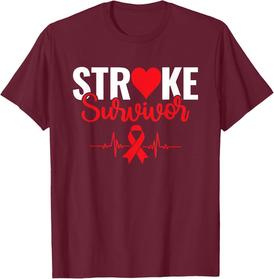 Stroke Survivor - Stroke Awareness Heart Red Ribbon T-Shirt - T-Shirt | Maroon