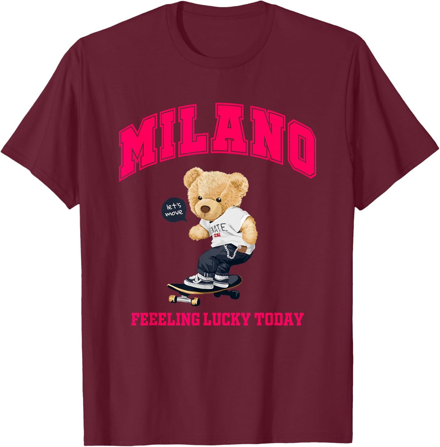 Cool Milan Italy Teddy Bear Illustration Graphic Cartoon T-Shirt - T-Shirt | Maroon