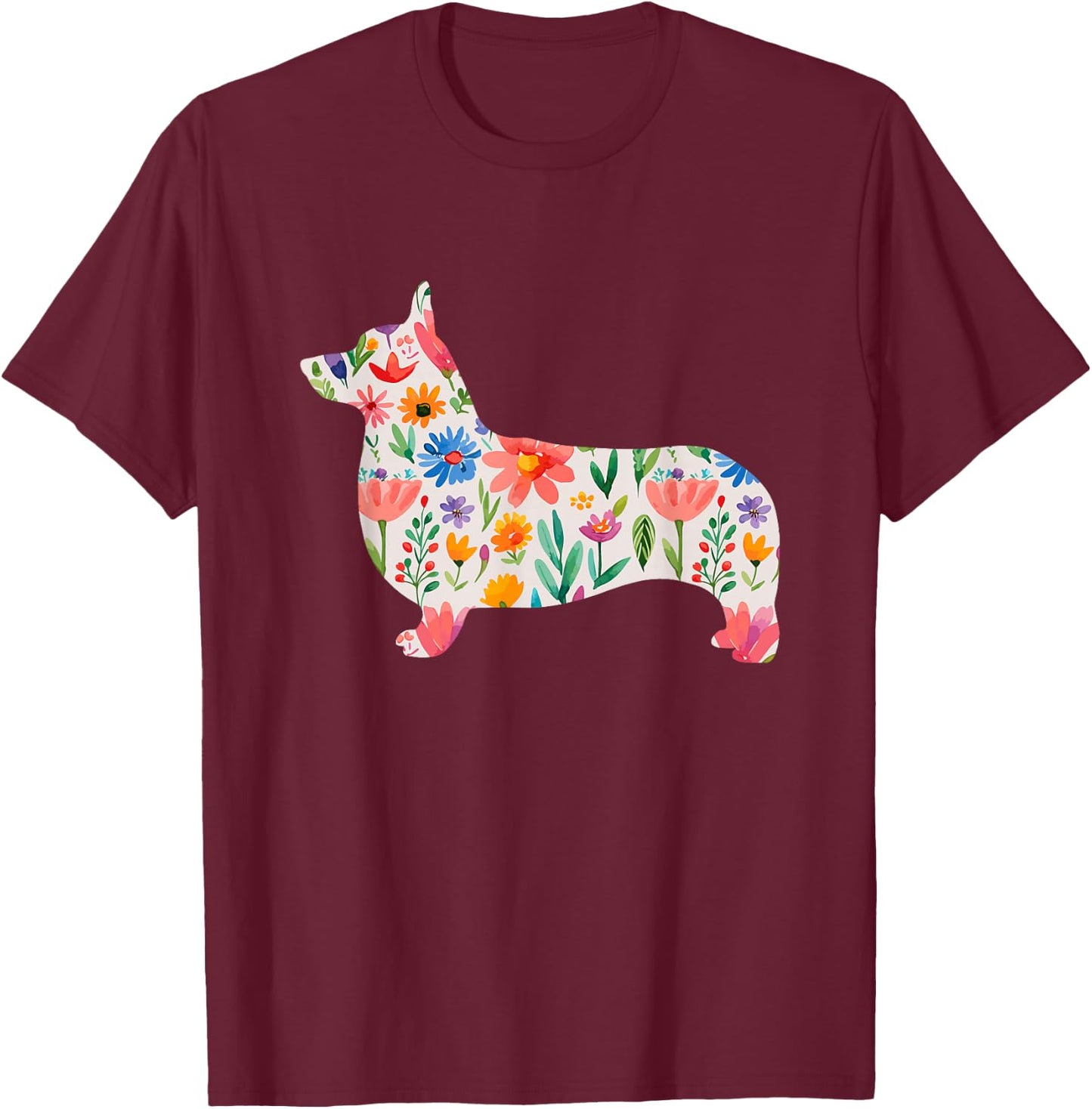 Pembroke Welsh Corgi watercolor flowers design T-Shirt - T-Shirt | Maroon