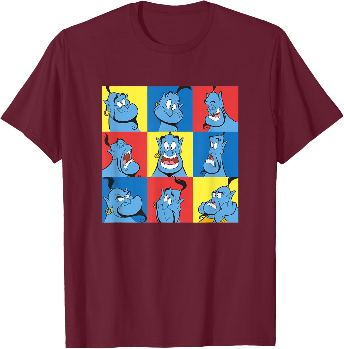 Disney Aladdin Genie Many Emotions Panel Big Chest Portrait T-Shirt - T-Shirt | Maroon
