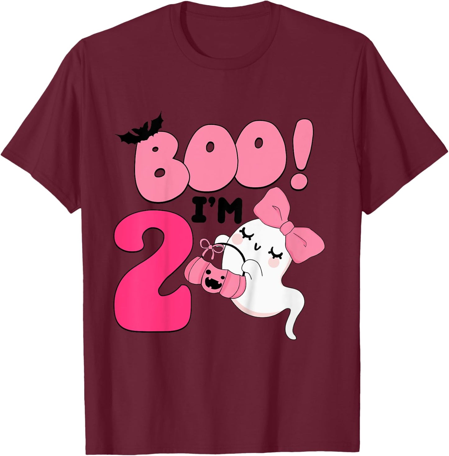 Kids Boo I'm Two Years Old 2nd Birthday Cute Ghost Halloween T-Shirt - T-Shirt | Maroon