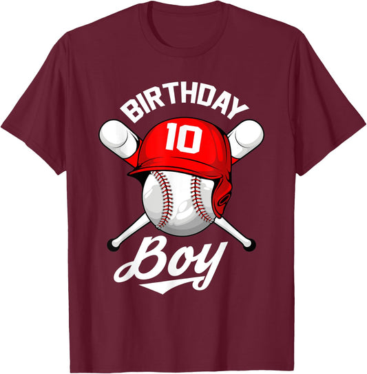 Baseball 10th Birthday Party 10 Years Old Baseball Boys T-Shirt - T-Shirt | Maroon