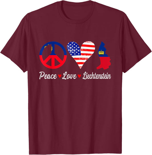 Peace Love Liechtenstein Flag Map American Patriotic Kids Men T-Shirt - T-Shirt | Maroon