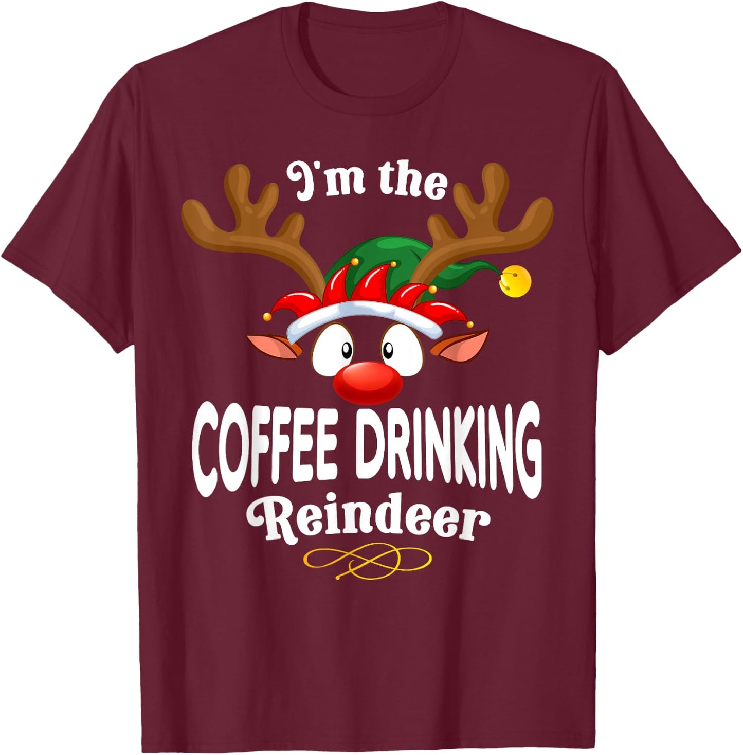 Christmas PJS Coffee drinking XMas Reindeer Matching T-Shirt - T-Shirt | Maroon