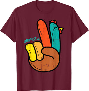 Peace Hand Turkey Grateful Thanksgiving Hippi Men Women Kids T-Shirt - T-Shirt | Maroon
