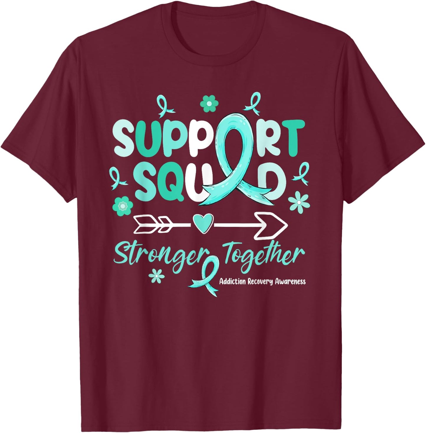 Groovy Support Squad Teal Ribbon Addiction Recovery T-Shirt - T-Shirt | Maroon